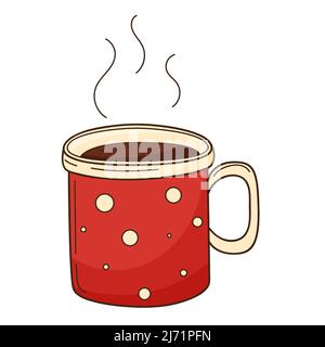 Una tazza di tè caldo o caffè, cacao. Una bevanda calda, rinvigorente, del mattino. Elemento di progettazione con contorno. Doodle, disegnato a mano. Design piatto. Illu. Vettore colore Illustrazione Vettoriale