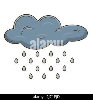 Una nuvola con gocce di pioggia. Un fenomeno meteorologico. Elemento di progettazione con contorno. Tema autunno. Doodle, disegnato a mano. Design piatto. Illustrazione vettoriale a colori. IO Illustrazione Vettoriale