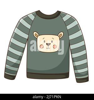 Giacca con un simpatico orso. Maglione caldo, pigiami. Abbigliamento autunnale. Elemento di progettazione con contorno. Tema autunno. Doodle, disegnato a mano. Design piatto. Colore Vec Illustrazione Vettoriale