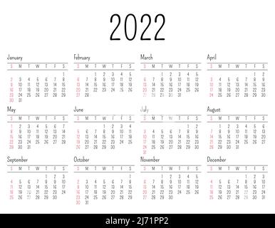 Calendario per il 2022. La settimana inizia la domenica. Tutti i mesi. Design del modello di calendario. Vettore Illustrazione Vettoriale