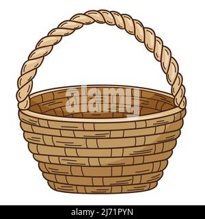 Un cestino di vimini vuoto. Elemento decorativo con contorno. Doodle, disegnato a mano. Design piatto. Illustrazione vettoriale a colori. Isolato su sfondo bianco Illustrazione Vettoriale