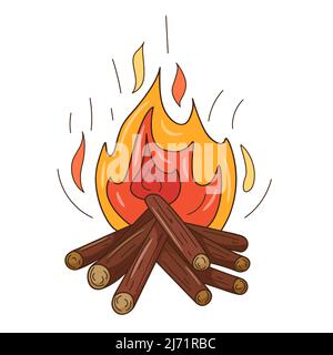 Un falò che brucia il legno. Campeggio, pic-nic, fiamma ardente. Elemento decorativo con contorno. Doodle, disegnato a mano. Design piatto. Illustrazione vettoriale a colori Illustrazione Vettoriale