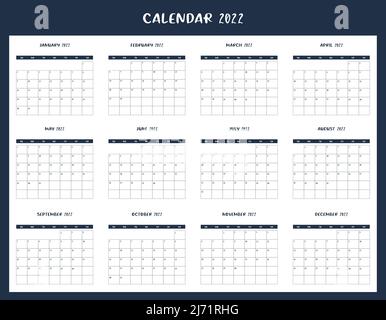 Calendario per il 2022. La settimana inizia la domenica. Tutti i mesi. Design del modello di calendario. Vettore Illustrazione Vettoriale