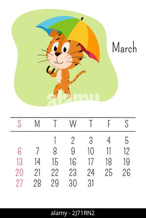 Modello di pagina del calendario parete verticale per marzo 2022 con un simbolo dell'anno cinese del cartone animato. La settimana inizia la domenica. Tiger cammina sotto un ombrello. Illustrazione Vettoriale