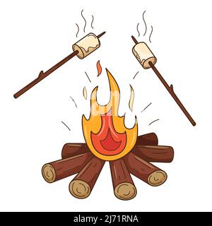 Le marshmallows sono fritte sul fuoco. Un falò che brucia il legno. Animazione autunnale. Elemento decorativo con contorno. Doodle, disegnato a mano. Design piatto. Illustrazione Vettoriale