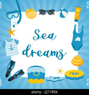 Una cartolina quadrata con una cornice a strisce blu e le parole Sea Dreams elementi di una vacanza al mare: Costume da bagno, conchiglia, maschera, pinne, borsa, lifebuoy, flip Illustrazione Vettoriale