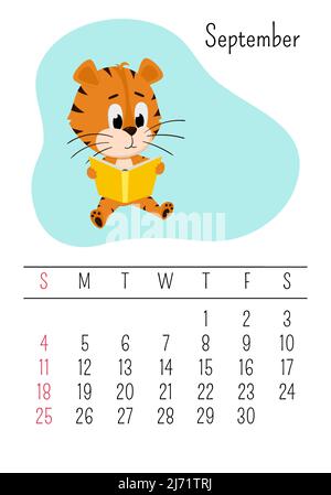 Modello di pagina del calendario parete verticale per settembre 2022 con un cartoon simbolo dell'anno cinese. La settimana inizia la domenica. Tiger legge un libro Illustrazione Vettoriale