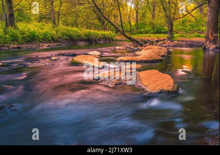 Langzeitbelichtung von einem kleinen Bach neben dem Fluss Leine in der naehe von den Ricklinger Kiesteichen, Hannover, Niedersachsen, Deutschland Foto Stock