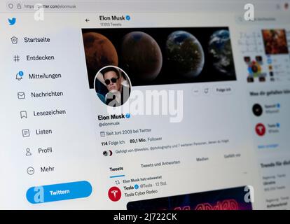 Twitter Seite des Unternehmers Elon Musk, Twitter, Soziales Netzwerk, Internet, Internetseite, Bildschirmfoto, dettaglio, Germania Foto Stock