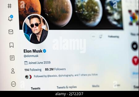 Twitter Seite des Unternehmers Elon Musk, Twitter, Soziales Netzwerk, Internet, Internetseite, Bildschirmfoto, dettaglio, Germania Foto Stock