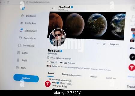 Twitter Seite des Unternehmers Elon Musk, Twitter, Soziales Netzwerk, Internet, Internetseite, Bildschirmfoto, dettaglio, Germania Foto Stock