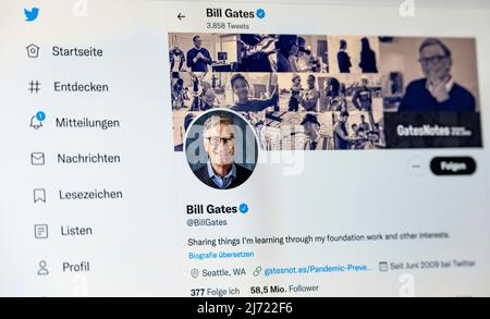 Twitter Seite des Unternehmers Bill Gates, Twitter, Soziales Netzwerk, Internet, Internetseite, Bildschirmfoto, dettaglio, Germania Foto Stock