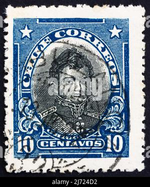 CILE - CIRCA 1912: Un francobollo stampato in Cile mostra Bernardo o’Higgins Riquelme, leader dell’indipendenza cilena e 2nd Supremo Direttore del Cile, cir