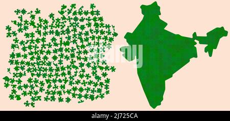 India mappa fatta di diverse tonalità verde - colore nazionale - puzzle pezzi, blocchi sparsi e versione finita Illustrazione Vettoriale