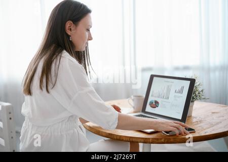 la giovane donna d'affari lavora nel suo ufficio domestico. Foto Stock