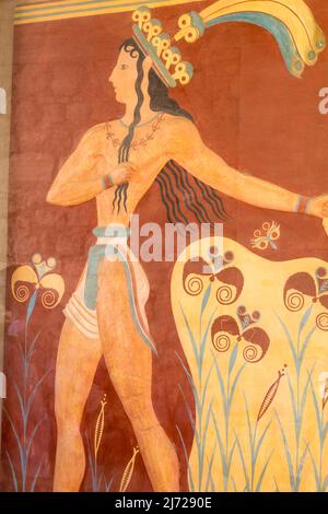 Cnosso, Grecia - 27 aprile 2019: Dettaglio del fresco al Palazzo di Cnosso a Creta Foto Stock