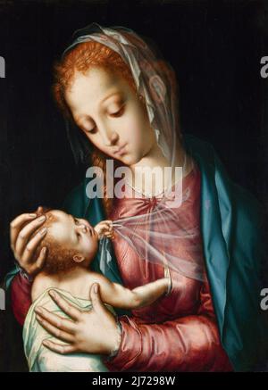 Virgina e Bambino di Luis de Morales (1512-1586), olio su quercia, ca. 1565-70 Foto Stock