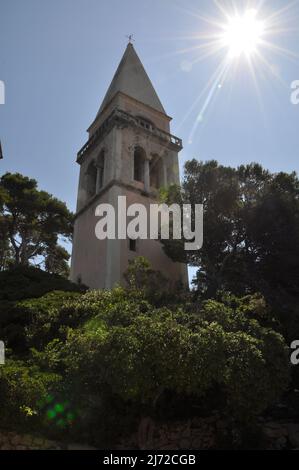 Campanile Veli Losinj. Particolare della chiesa di nostra Signora degli Angeli a Veli Losinj, Croazia Foto Stock