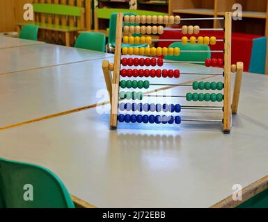 classe di asilo e un vecchio abaco di legno sul tavolo Foto Stock