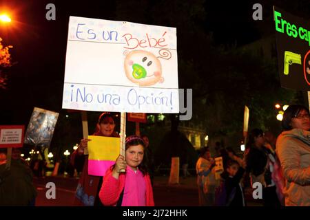 LA PAZ, BOLIVIA, 22nd agosto 2013. Una ragazza con un cartello che dice "è un bambino, non un'opzione" partecipa a una marcia organizzata dal Red Pro-Vida (Pro Life Network) per protestare contro la depenalizzazione dell'aborto. La Bolivia sta discutendo se decriminalizzare l’aborto dal marzo 2012. Foto Stock