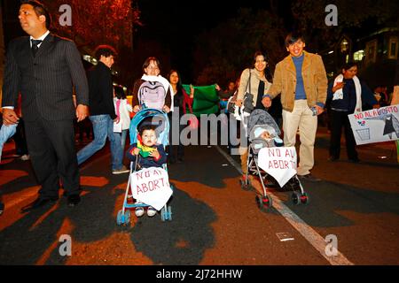 LA PAZ, BOLIVIA, 22nd agosto 2013. Le persone che spingono i bambini in passeggini/passeggini prendono parte a una marcia organizzata dal Red Pro-Vida (Pro Life Network) per protestare contro la depenalizzazione dell'aborto. La Bolivia sta discutendo se decriminalizzare l’aborto dal marzo 2012. Foto Stock