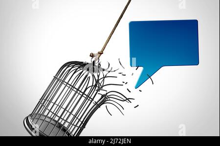 Libertà di parola e libertà di espressione o di censura e come simbolo di privacy con una gabbia rotta e una bolla di parola che si stoppa da una gabbia di uccelli r Foto Stock