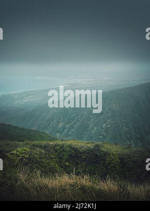 Vista del paesaggio dalla cima delle montagne alla costa dell'oceano nelle Hawaii, isola di Oahu. Moody paesaggio escursionistico con nebbia, verdi colline sull'orizzonte Foto Stock