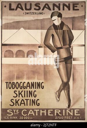 Poster di viaggio in Art Deco vintage - Losanna, slittino patin sci à Ste Catherine, 'slittino, pattinaggio su ghiaccio, sci a Ste Catherine sopra Losanna'. Svizzera Foto Stock