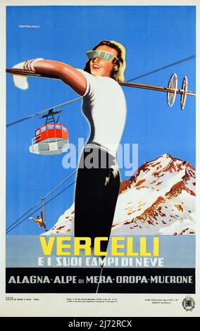 Poster di viaggio Vintage 1950s - Vercelli, ei suoi campi di neve titoli CAMPAGNOLI 1951 - Vercelli, e i suoi campi di neve Foto Stock