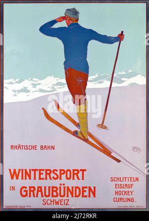 Poster da viaggio Vintage 1930s - Sport invernali a Graubunden, Suisse (Schlitteln, Eislauf, Hockey, Curling), Foto Stock