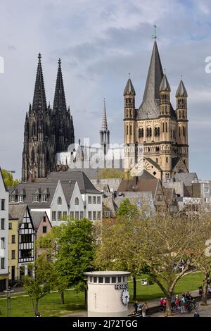 Cattedrale di Colonia e la Grande chiesa di San Martino che si innalzano sopra lo skyline della città di Colonia Foto Stock