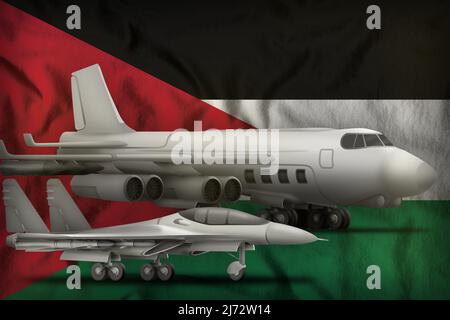 Forze aeree sullo sfondo della bandiera della Giordania. Jordan Air Forces Concept. 3D Illustrazione Foto Stock