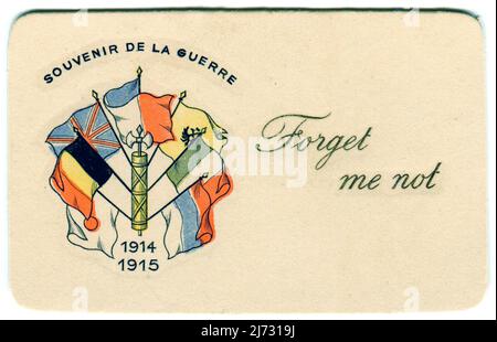 Un biglietto di auguri per il primo periodo della Guerra Mondiale dal titolo “souvenir de la Guerre 1914 -1915” (souvenir della Guerra 1914 -1915) e con il sentimento, “non dimenticarmi”. La carta è decorata con fasce e un'ascia circondata dalle bandiere delle nazioni alleate: Giappone; Belgio; Gran Bretagna; Francia; Russia; Italia e Serbia. Foto Stock