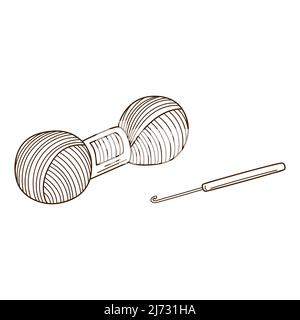 Una matassa di filato e un gancio per maglieria. Lavoro a maglia. Elemento di progettazione con contorno. Doodle, disegnato a mano. Illustrazione vettoriale bianco e nero. Isolato Illustrazione Vettoriale