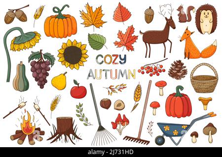 Una serie di elementi sul tema dell'autunno. Animali di foresta, raccolto. Un'ampia collezione di elementi di doodle colorati con un tratto e un riempimento. Piatto. Illustrazione Vettoriale