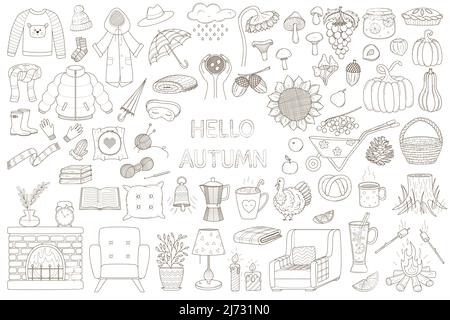 Un insieme di elementi decorativi. Autunno accogliente, abbraccio. Abbigliamento caldo, foresta, raccolto, oggetti interni. Collezione di design di doodles di contorno. Nero bianco ve Illustrazione Vettoriale
