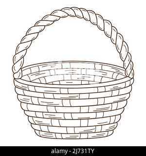 Un cestino di vimini vuoto. Elemento decorativo con contorno. Doodle, disegnato a mano. Illustrazione vettoriale bianco e nero. Isolato su sfondo bianco. Illustrazione Vettoriale