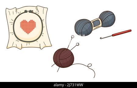 Una serie di doodles colorati. Ricamo con cuore, filato, matassa di filo, gancio, aghi per maglieria. Elementi decorativi con contorno e fil Illustrazione Vettoriale