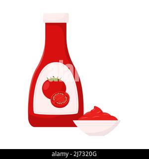 Una bottiglia rossa di ketchup di pomodoro con i pomodori sulle etichette e una ciotola di ketchup. Cibo, salsa di pomodoro, ingrediente. Stile cartoon piatto. Vettore colore il Illustrazione Vettoriale