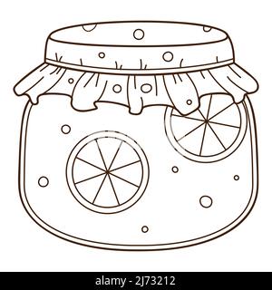 Un bel vasetto di marmellata d'arancia con un involucro verde. preparazioni fatte in casa. Autunno, raccolto. Elemento di progettazione alimentare con contorno. Doodle, disegnato a mano. wh. Nero Illustrazione Vettoriale