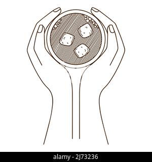 Una tazza di caffè con marshmallows nelle mani di una donna. Vista dall'alto. Elemento di progettazione con contorno. Doodle, disegnato a mano. Illustrazione vettoriale bianco e nero. ISOL Illustrazione Vettoriale