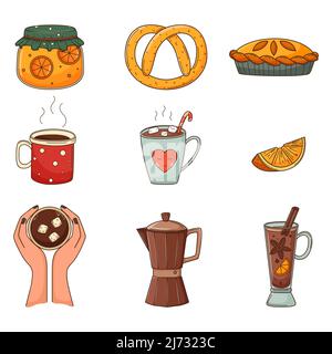 Una serie di doodles colorati. Bevande calde, marmellata in un vaso, pretzel, caffè in mano, cacao, caffettiera, VIN brulé elementi decorativi d'autunno con un colpo a Illustrazione Vettoriale