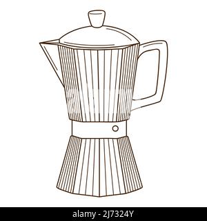 Caffettiera, macchina per il caffè con geyser. Turk per caffè, attrezzatura da cucina. Elemento di progettazione con contorno. Doodle, disegnato a mano. Illustrazione vettoriale bianco e nero. Illustrazione Vettoriale