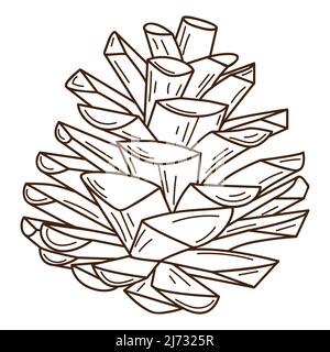 Un cono di pino. Un simbolo della foresta, autunno, e raccolto. Elemento di disegno botanico con contorno. Doodle, disegnato a mano. Design piatto. Vettore bianco nero i Illustrazione Vettoriale