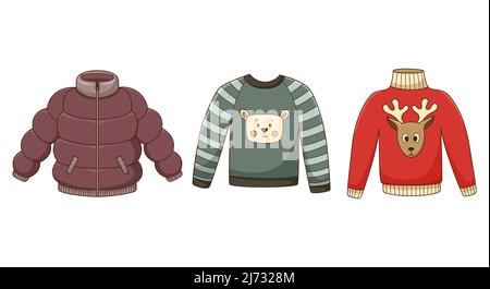 Una serie di doodles colorati. Abbigliamento, giacca in giù, maglione di cervi, giacca, pigiami con un orso. Caldi abiti autunnali. Elementi decorativi con un tratto e. Illustrazione Vettoriale