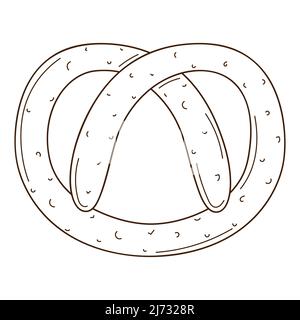 Pretzel. Prodotti da forno. Elemento di disegno alimentare con contorno. Doodle, disegnato a mano. Illustrazione vettoriale bianco e nero. Isolato su sfondo bianco Illustrazione Vettoriale