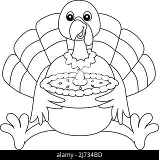 Thanksgiving tacchino che tiene Pie isolato colorazione Illustrazione Vettoriale