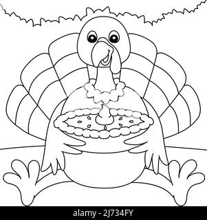 Thanksgiving Turkey Holding Pie Coloring Page Illustrazione Vettoriale