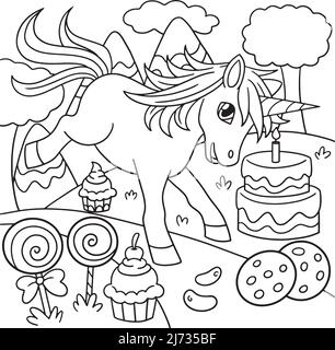 Unicorn in Candy Land colorazione pagina per i bambini Illustrazione Vettoriale