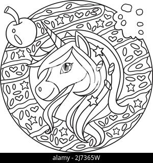 Unicorno testa in una pagina di colorazione ciambella per i bambini Illustrazione Vettoriale